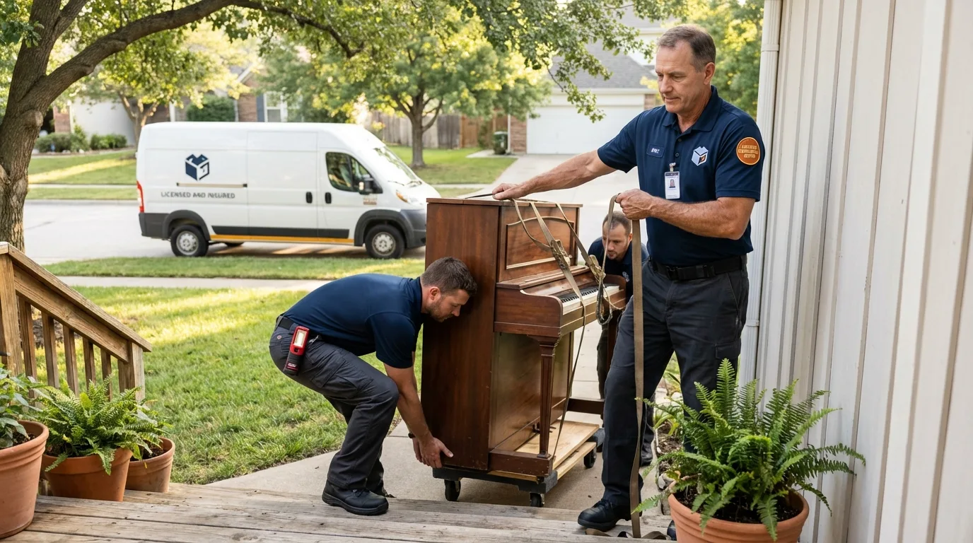 Licensed piano movers securing grand piano in Elkhorn, NE