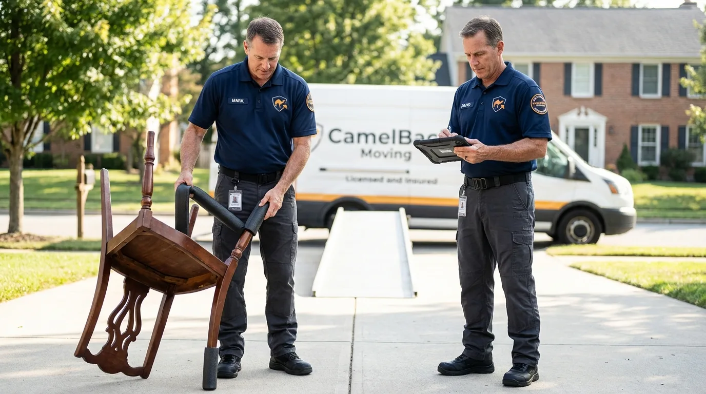 Movers inspecting furniture for damage prevention before loading in Elkhorn, NE