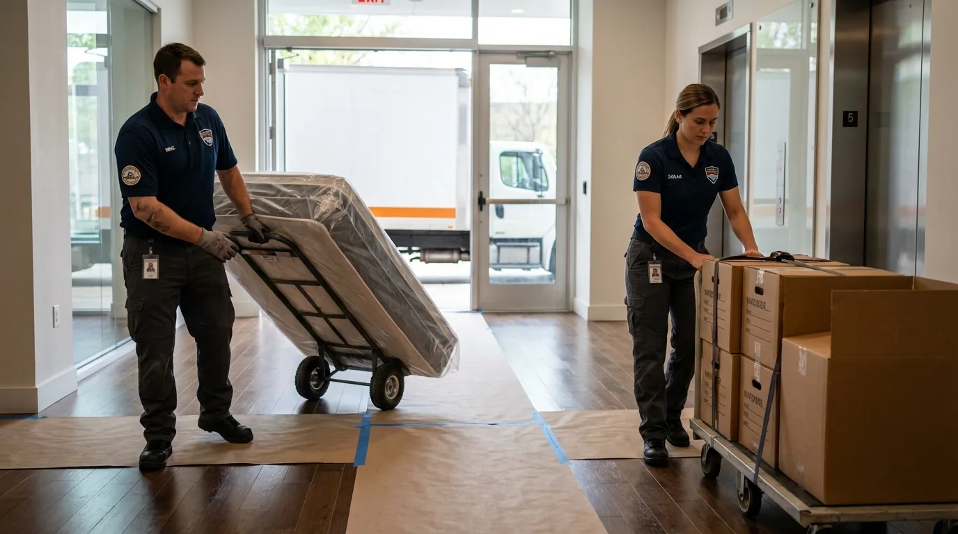 Professional apartment movers loading elevator in Elkhorn, NE
